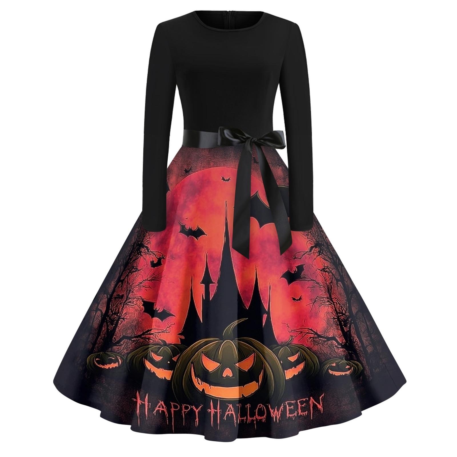 

Women s Casual Fashion Round Neck Halloween Printed Vintage Dress XXL