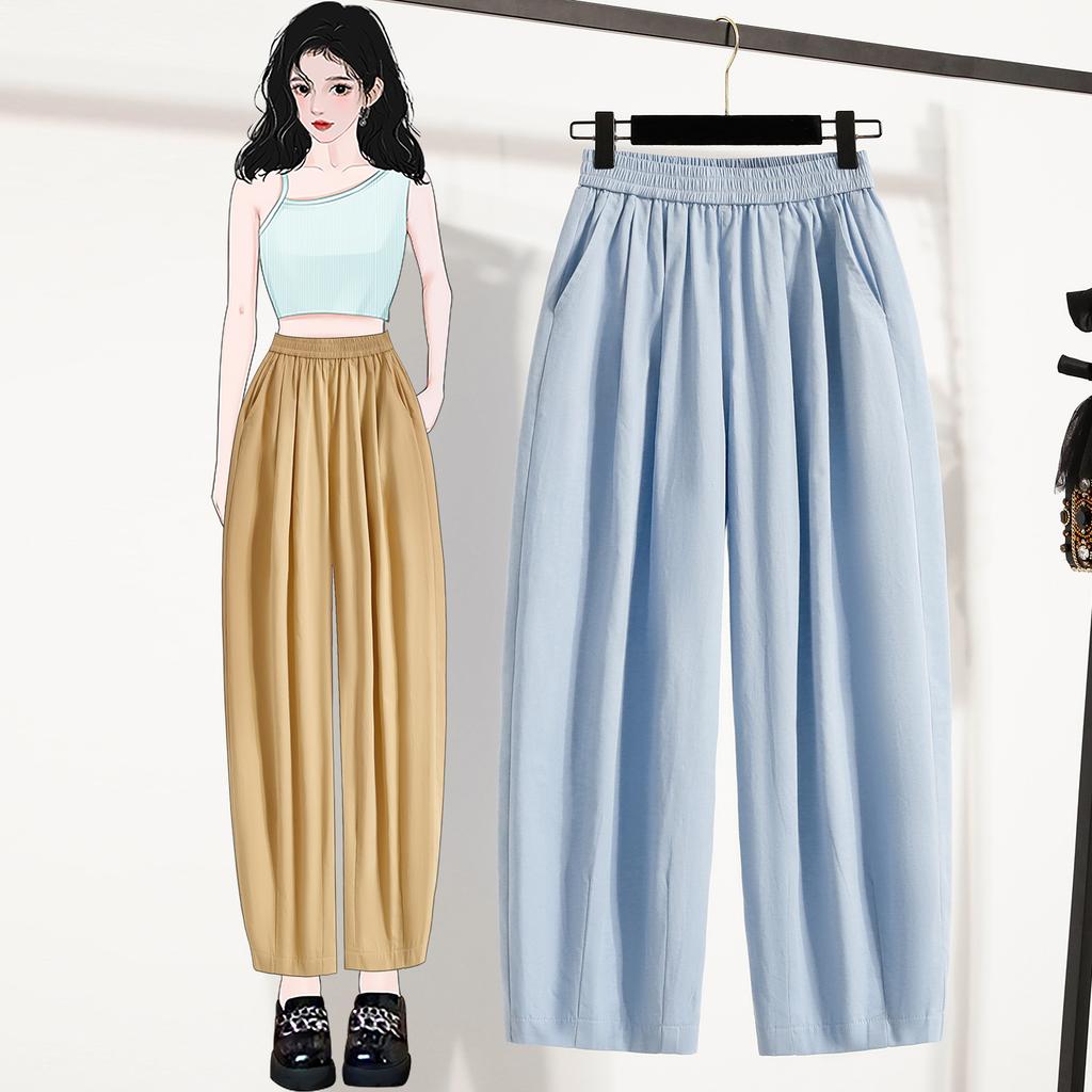 DIMANAF 2025 Summer Plus Size Long Pants Women Elastic Casual Harem Pants High Waist Pleated Loose Basic Wide Leg Pants