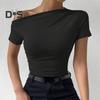 Damen Sommer T-Shirt Schrägkragen Kurzarm Slim Fit T-Shirt Einfarbig Seitlich Raffen Pullover Tops