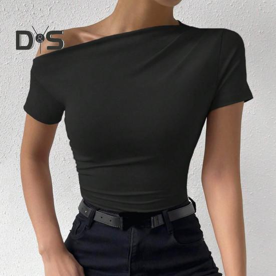 Damen Sommer T-Shirt Schrägkragen Kurzarm Slim Fit T-Shirt Einfarbig Seitlich Raffen Pullover Tops