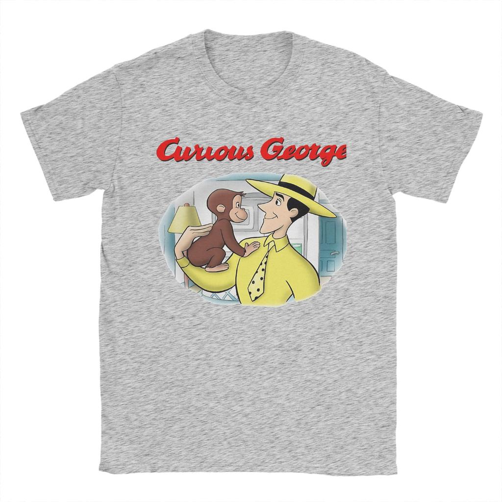 Vintage Curious George T-Shirt Herren Baumwolle Kurzarm Niedlich Cartoon O-Ausschnitt Sommer Top T-Shirt