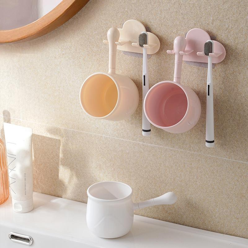 Home Brushing Cup Simple Mouthwash Couple Cup Straight Handle Punch-free Toothbrush Cup Holder Wall Mount Toothbrush Holder