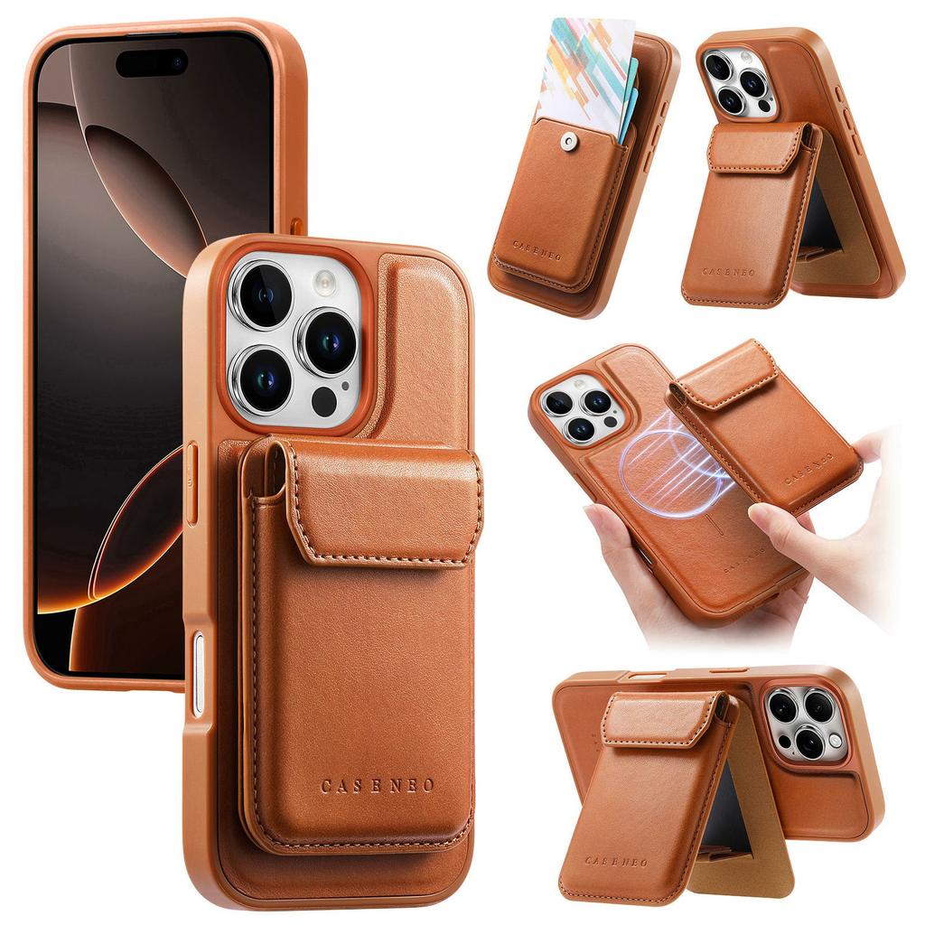 CASENEO For iPhone 16 Pro Magnetic Case PU Leather PC Phone Cover with Detachable Card Holder Kickstand Compatible with MagSafe