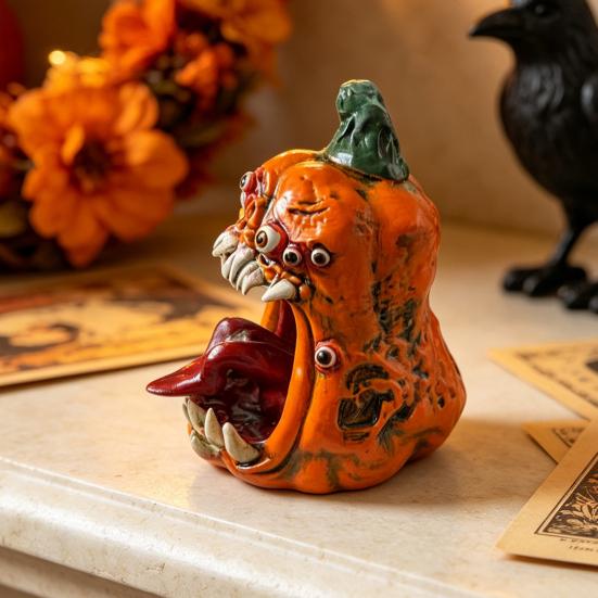Decorative Pumpkin Statues Halloween Evil Figurine, Ornament with Multi Eyes and Shape Fangs, Demon Resin Statue for Party Decoration Desktop
