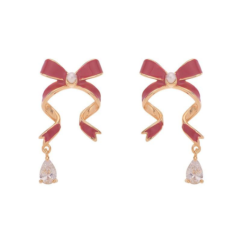 Elegant Butterfly Knot Dangle Earrings With Ribbon Zircon Drops Women Korean Sweet Style Mid-Length Studs