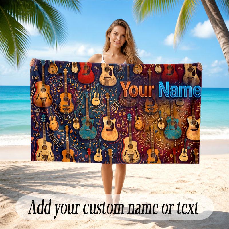 Music Guitar Theme Beach Towel Personalized Custom Name & Text Soft Quick Dry Beach Towel for Swimming Travel