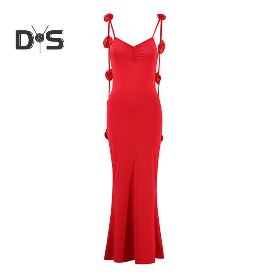 Dámské večerní šaty 3D růžová dekorace špagetová ramínka bez zad bez rukávů výstřih do V slim fit koktejlová párty maxi šaty dámské banketové svatební maxi šaty