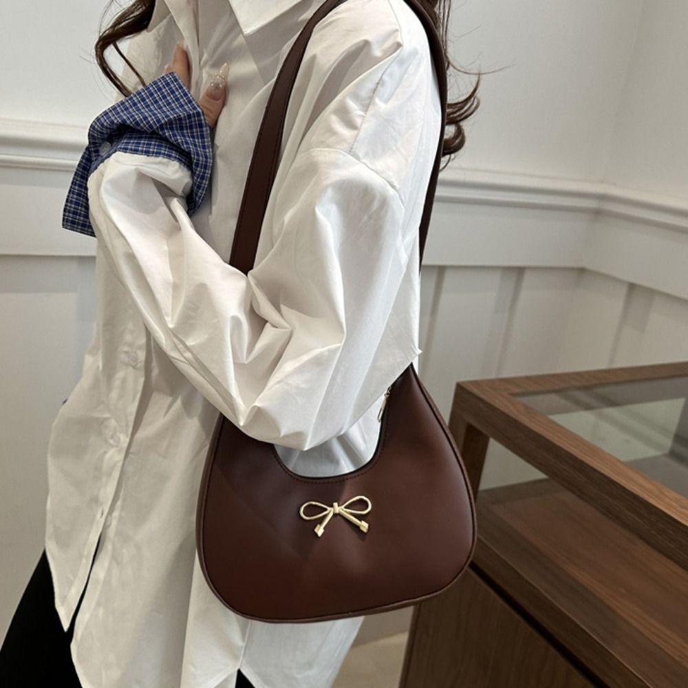 PU Leather Bow Shoulder Bag Korean Style Crossbody Bag Simple Crescent Bag Travel