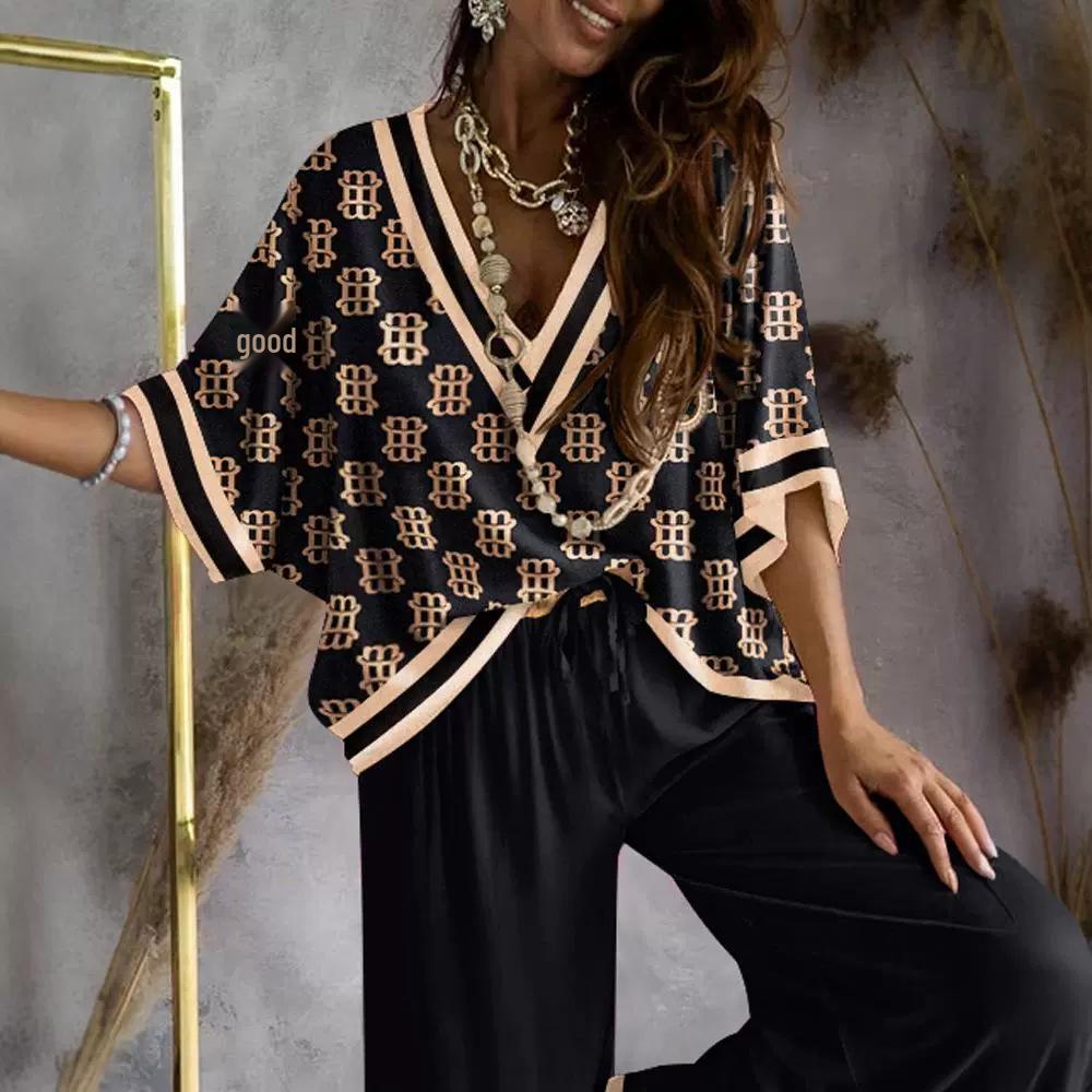 Set Top cu Mâneci Lungi Tip Aripă de Liliac Imprimat în Stil European și American pentru Femei și Pantaloni Largi