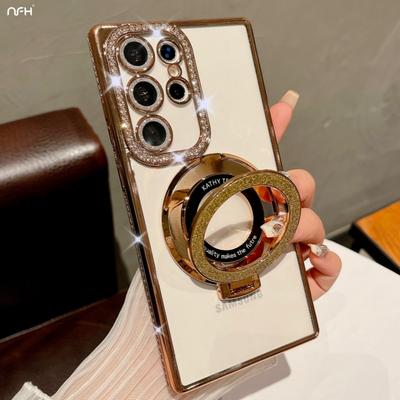 For Samsung Galaxy S25Ultra Luxury Flash Diamond Plating Frame Glitter Stand Holder Phone Case For Samsung S22 S23 S24Plus Cover