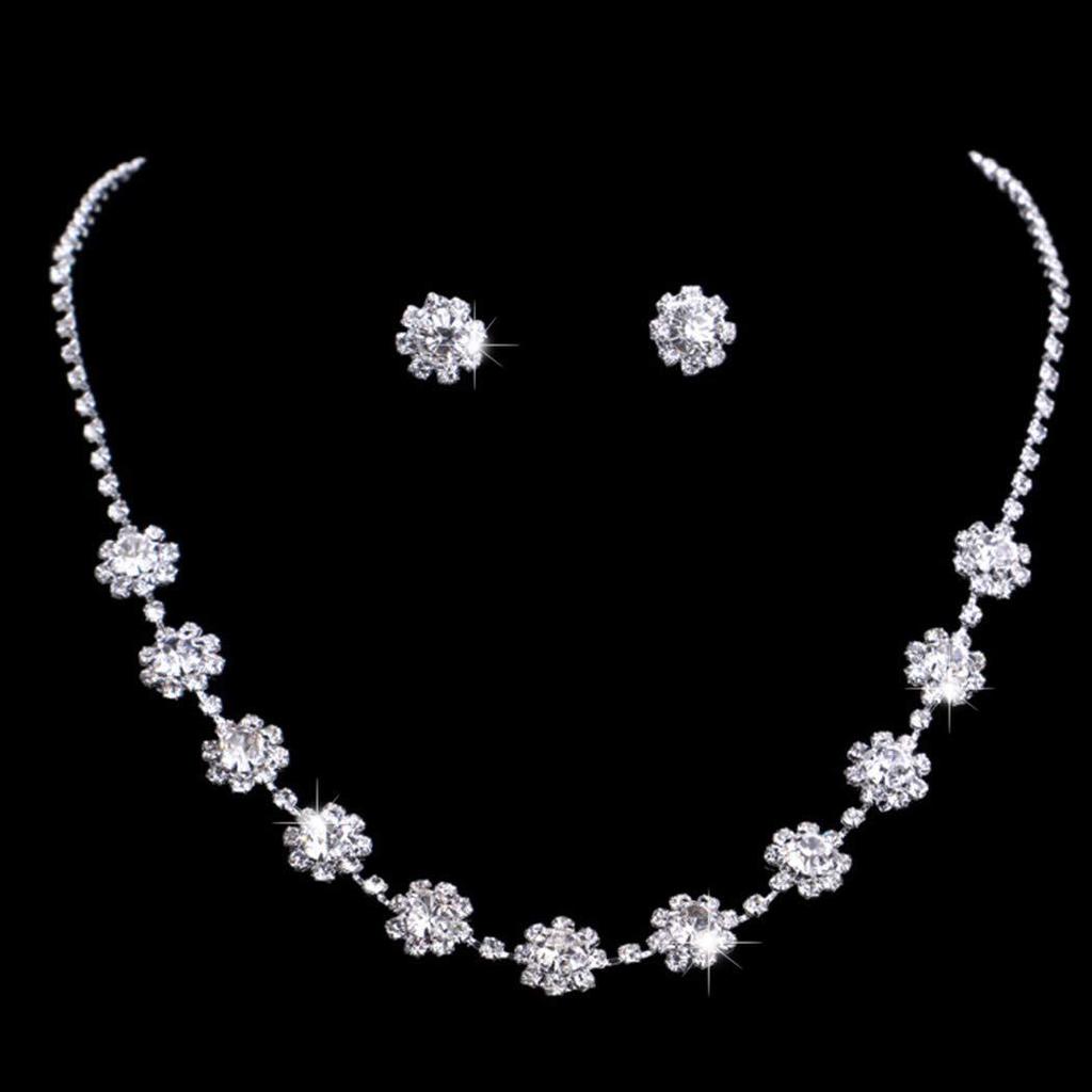 Korean Minimalist Crystal Rhinestone Necklace and Earrings Set , Light Women Jewelry 2 - Piece Set