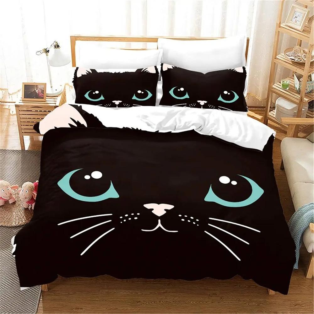 Black Cat Bedding Set King Queen Size 3D Cute Dark Blue Pet Kitty Bedroom Decor Duvet Cover for Kids Teens Adult with Pillowcase