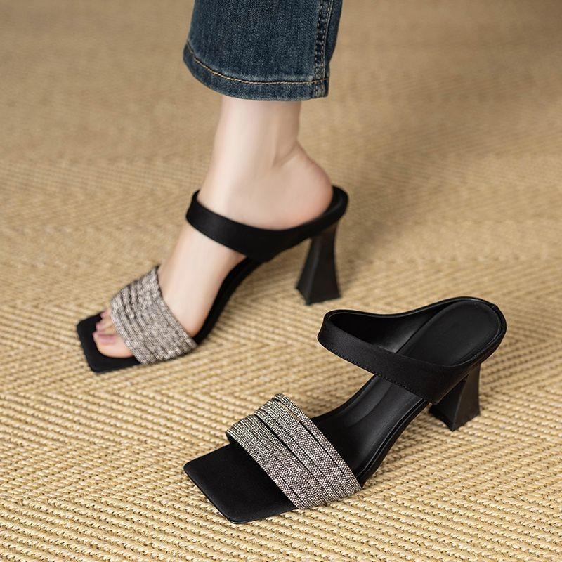 High-heeled Flip-flops, Square Toe, Single Thick Heel, Medium Heel, Sandals, Women's Shoes