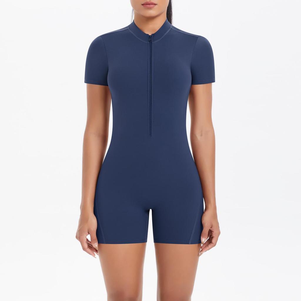 European-American Solid Color Zipper Back Yoga Jumpsuit - Breathable and Tight-Fitting