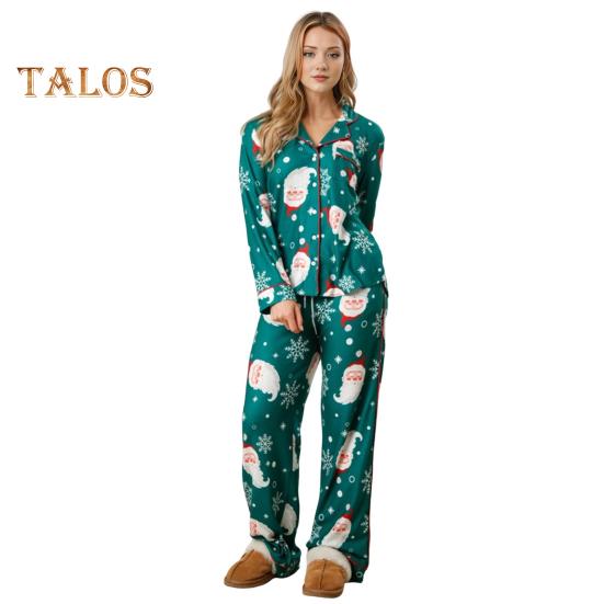 2 buc/set Set pijamale de Crăciun pentru femeie Moș Crăciun imprimeu rever cu mâneci lungi cămașă cu un singur piept, talie elastică, picior lat, îmbrăcăminte pentru casă, cămașă de noapte