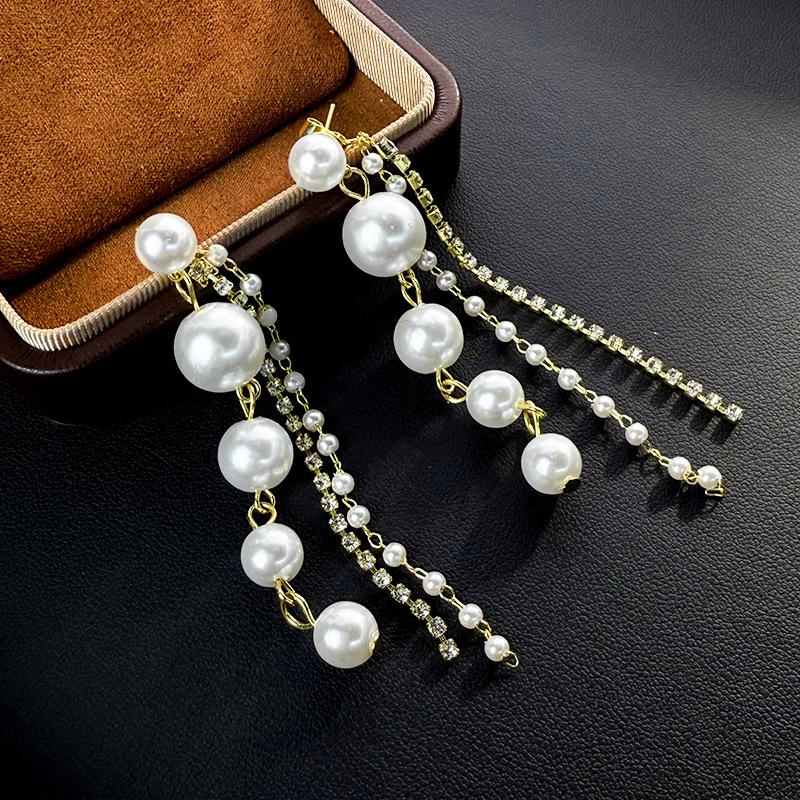 Korean light luxury temperament diamond-encrusted pearl long fringed earrings, earrings, fashion trend personalized earrings