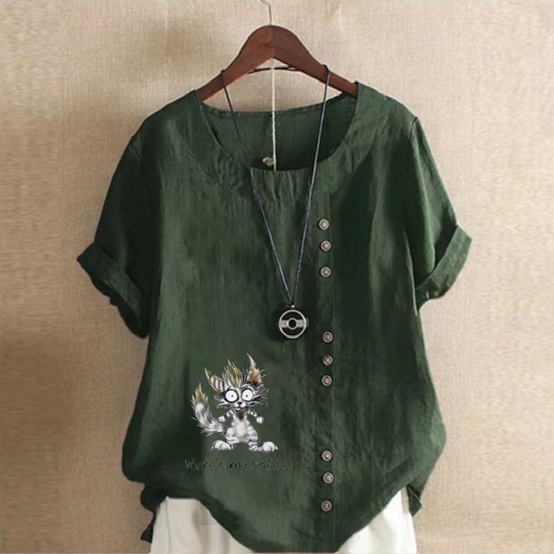 Women's Fashion Cartoon Cat Prined Short Sleeve T-shirt Loose Cotton Shirt Casual Loose Summer Blouse Tops Plus Size