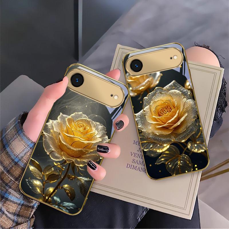 Elegant golden rose For IPhone 17Pro Max 16 17 Pro 15 Pro 14 13 Plus 12 Mini 11Pro Max XR 16E 17 Air Golden glass phone case