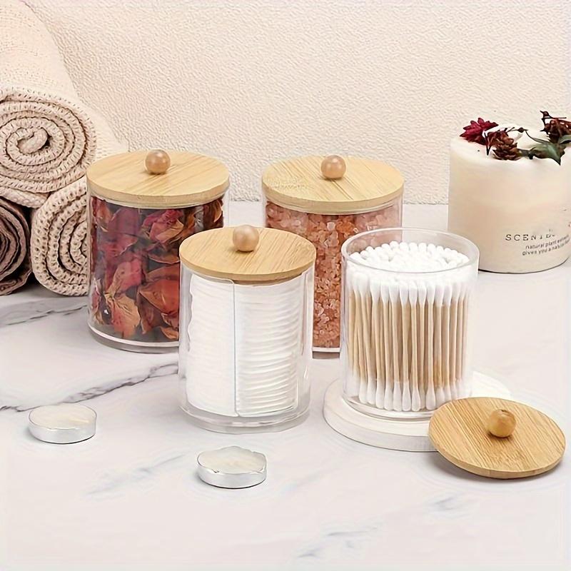 4 Pcs Qtip Holder Dispenser - 10 Oz, 12 Oz Bathroom Organizers Storage Containers, Clear Plastic Apothecary Jars with Wood Lid