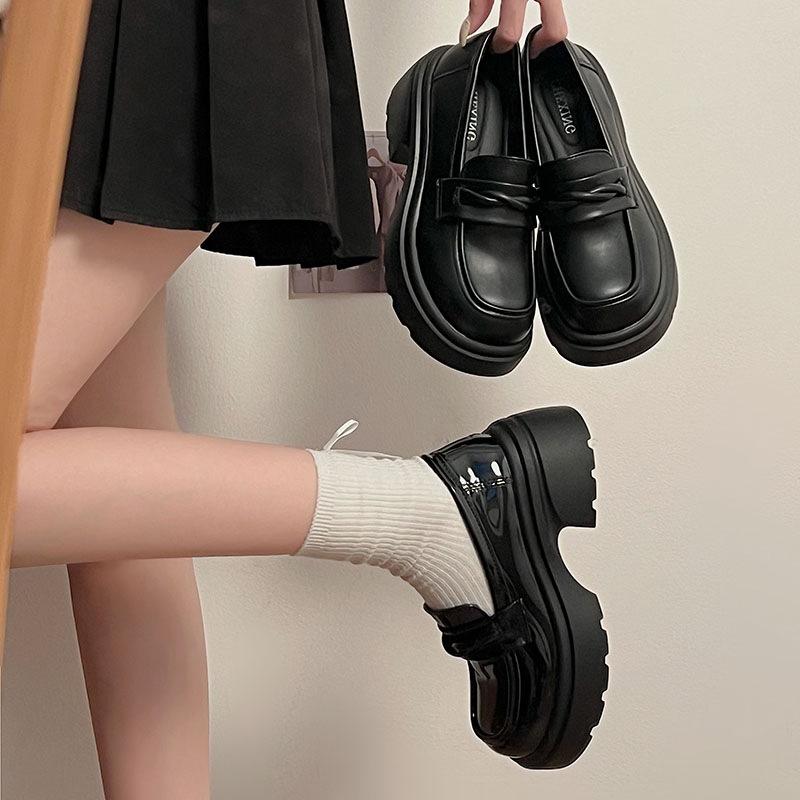 French thick heel British style small leather shoes women's 2025 new autumn one-pedal round head single shoes black jk loafers