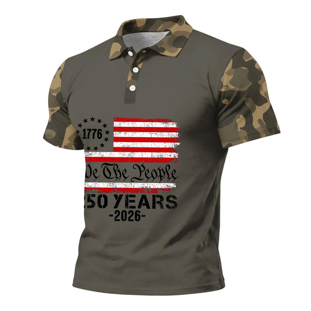 Men's Loose Fit Casual Short Sleeve Polo Shirt with Digital Camouflage Sleeves and Printed Flag Graphic 250 Years Commemorative Design