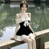 2026 new bow splicing design temperament elegant dress skirt one-word shoulder suspender contrasting color dress