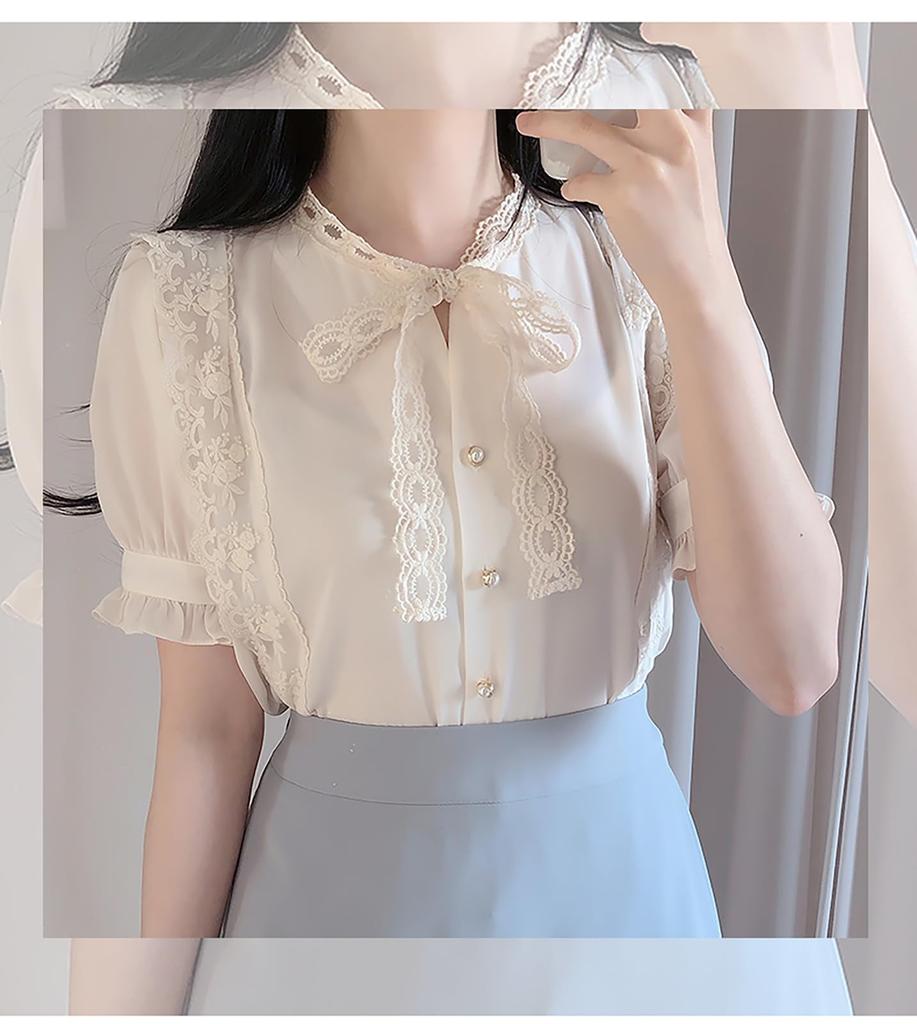 Lace Bowtie Blouse for Short Girly M [XHSUKADO] Women, Sleeve, Ruffled, Ribbon, Women's Blouse, Stylish, Mass-Produced Top, French, Style, Shirt,