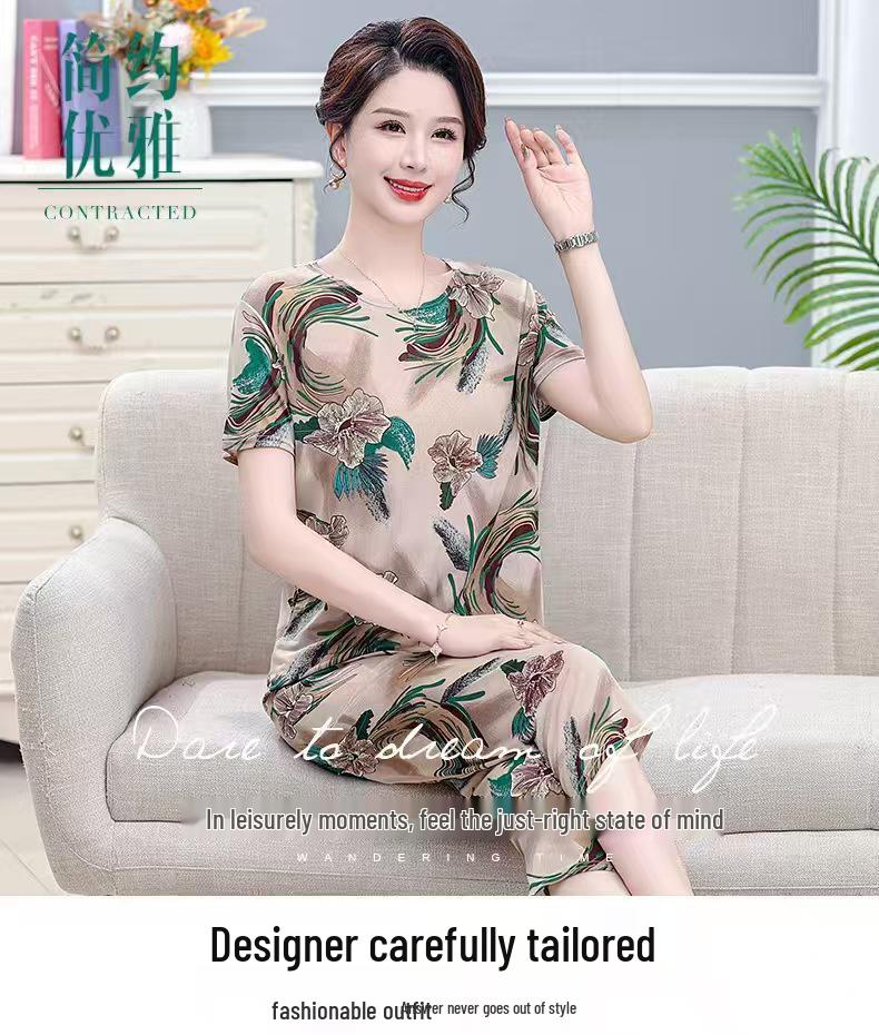 Women's Plus Size Ice Silk Pajama Set: Casual Short Sleeve Two-Piece for Middle-aged and Elderly Moms