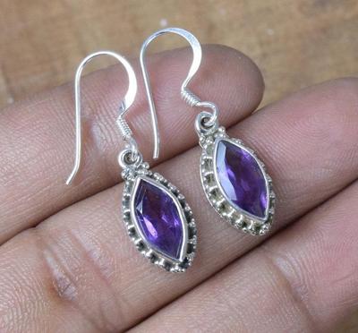 Solid 925 Sterling Silver Amethyst Gemstone Handmade Boho Designer Earrings Jewelry
