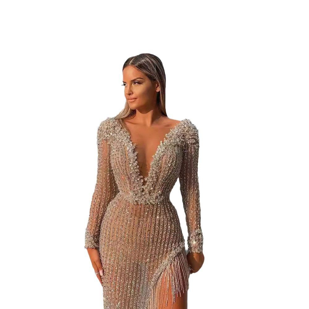 2025 Autumn New Women's Clothing New Bronzing Fringed Long-sleeved Slim-fitting Sexy Long Dress Evening Dress