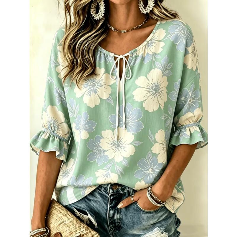 Women's Elegant Printed Lace-up Flared Top, Stylish and Versatile, Comfortable and Skin-friendly