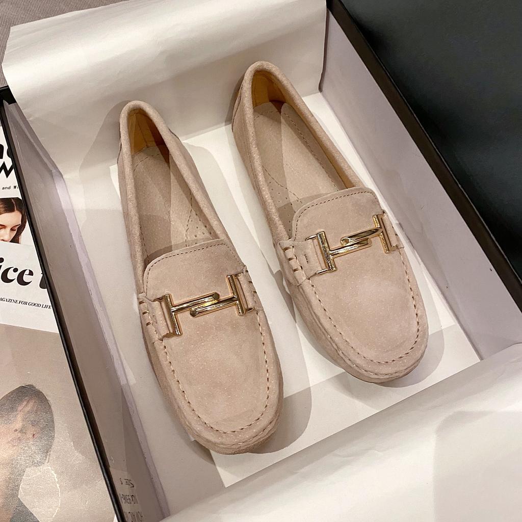 Fashion 2025 Brand Metal Buckle Mocasines Women Genuine Leather Shoes Pigskin Loafers Femmes Slip On Cow Suede Flats Woman Shoes Walking