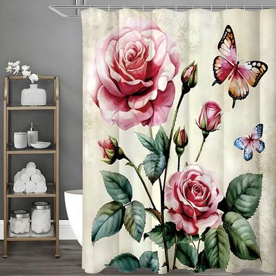 Rose Blume Schmetterling Duschvorhang, Dekorativer Duschvorhang für Badezimmer, Wasserdichter Duschvorhang mit Haken