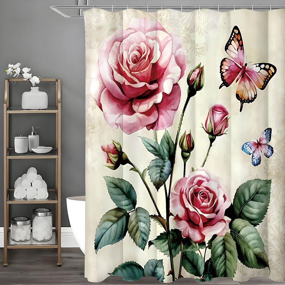

Занавеска для душа с розовыми цветами и бабочками, Декоративная занавеска для душа для ванной комнаты, Водонепроницаемая занавеска для душа с крючками 90*180cm
