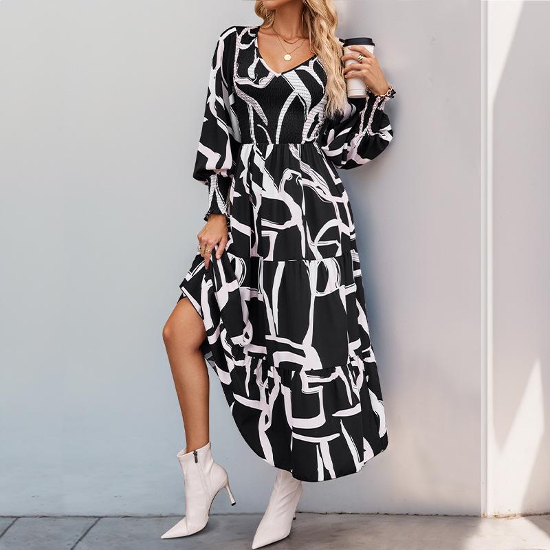 V-neck Clothes Skirt 2025 Autumn New He Print Long Dress