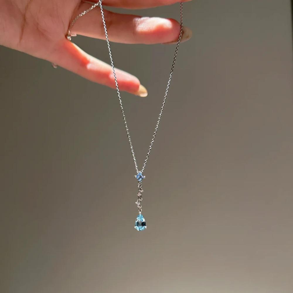 Elegant Mermaid Tear Pendant Necklace Women Luxury Imitation Aquamarine Topaz Jewelry