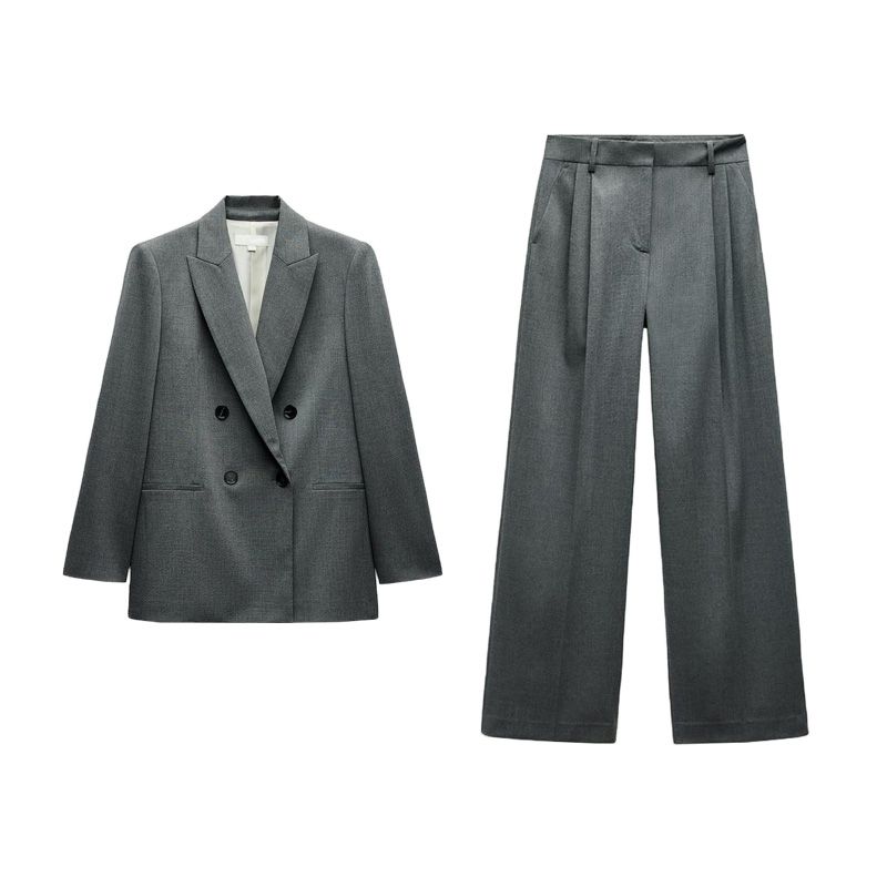 Lapel Long Sleeves with Padded Shoulder Double Breasted Suit Outwear 2129095 Pleated High Waist Wide Leg Pants 2125095