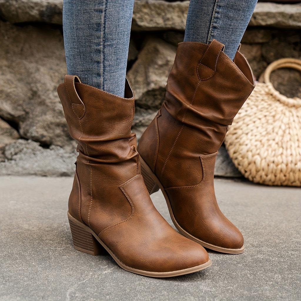 Damen Slouch Westernstiefel, Retro Einfarbig V-Ausschnitt Klobige Absätze Schuhe, Lässige Schlupf-Kurzstiefel