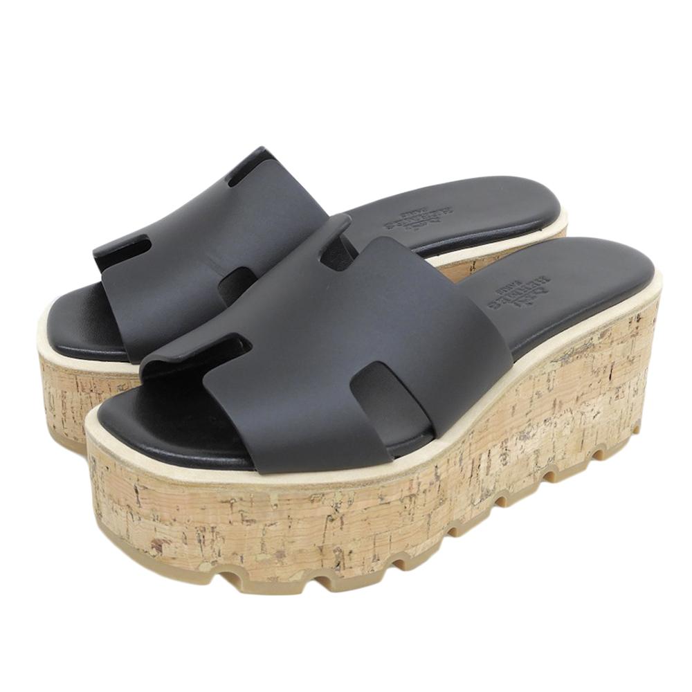 HERMES Excellent condition Eze 30 H cork wedge sandals, women's leather, black, size 34 shoes 34 blackUsed