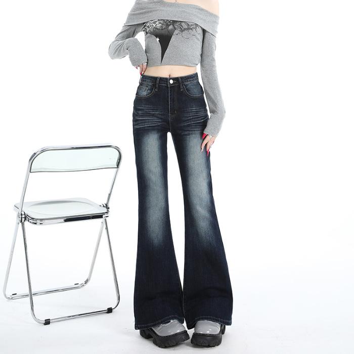 Autumn new dark blue high-waisted micro-pull jeans women's American non-stick leg elastic Spice girl straight-leg flared pants