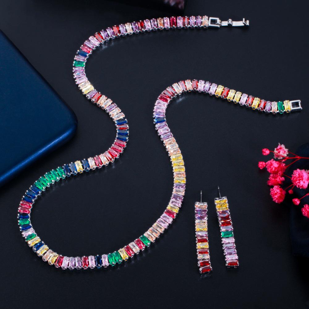 Joias Colar Zircônia Arco-Íris Diamante Completo Colar Jantar de Gala Conjunto de Colar e Brincos