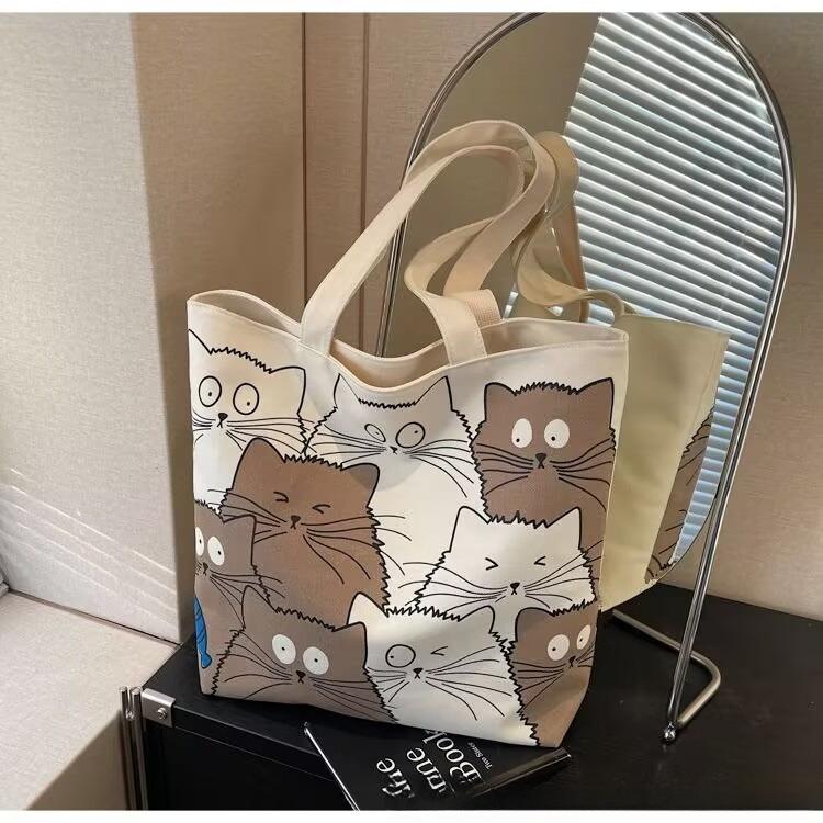 Handbag Shopping Bag Cute Cat Print Women's Handbag Linen Tote Bag Printed Logo Casual Travel Beach Bag