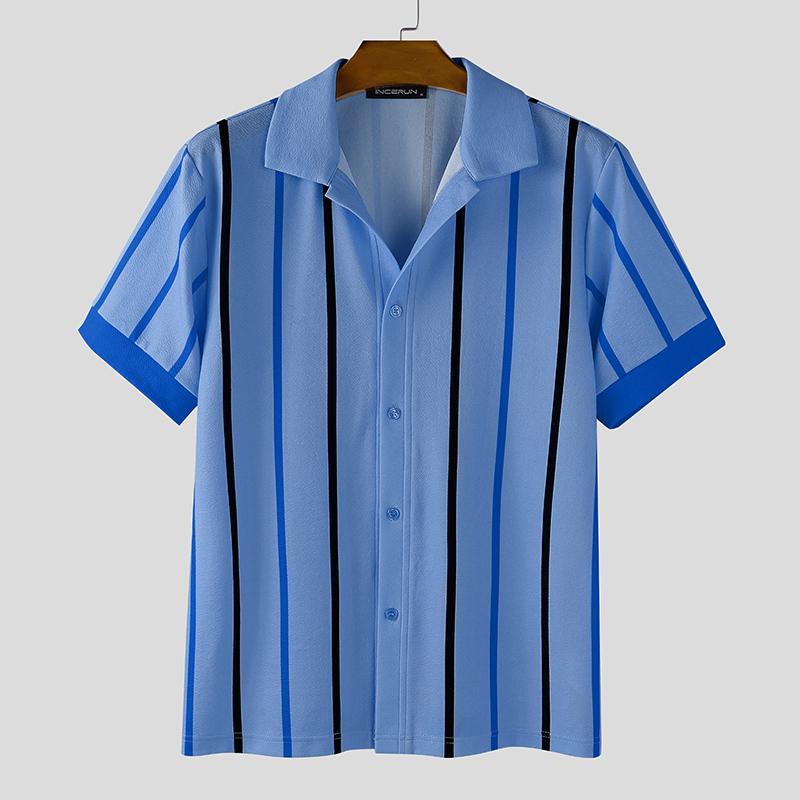 INCERUN Oversized Men Short Sleeve Striped Print Buttons Casual Loose Shirts Tops