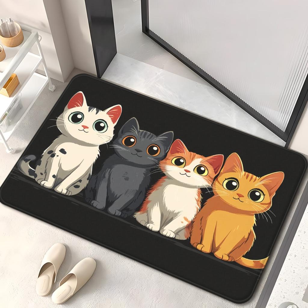 Four Cute Cartoon Cats Sitting Together Flannel Rug, Adorable Pet Design Anti-Slip Absorbent Carpet for Kids Room & Bathroom,