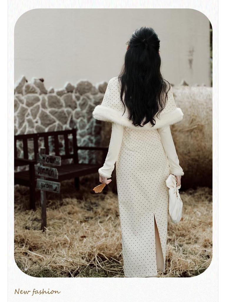 2025 Autumn/Winter Retro Artistic Polka Dot Dress & Cape Set - Elegant Long Lady-Like Style