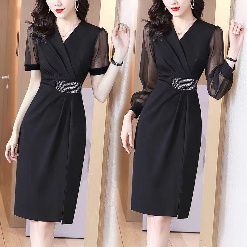 Women's Korean-French Style Slim-Fit Elegant Stylish Bodycon Dress Solid Color Printed V-Neck Long-Sleeve One-Piece Dress