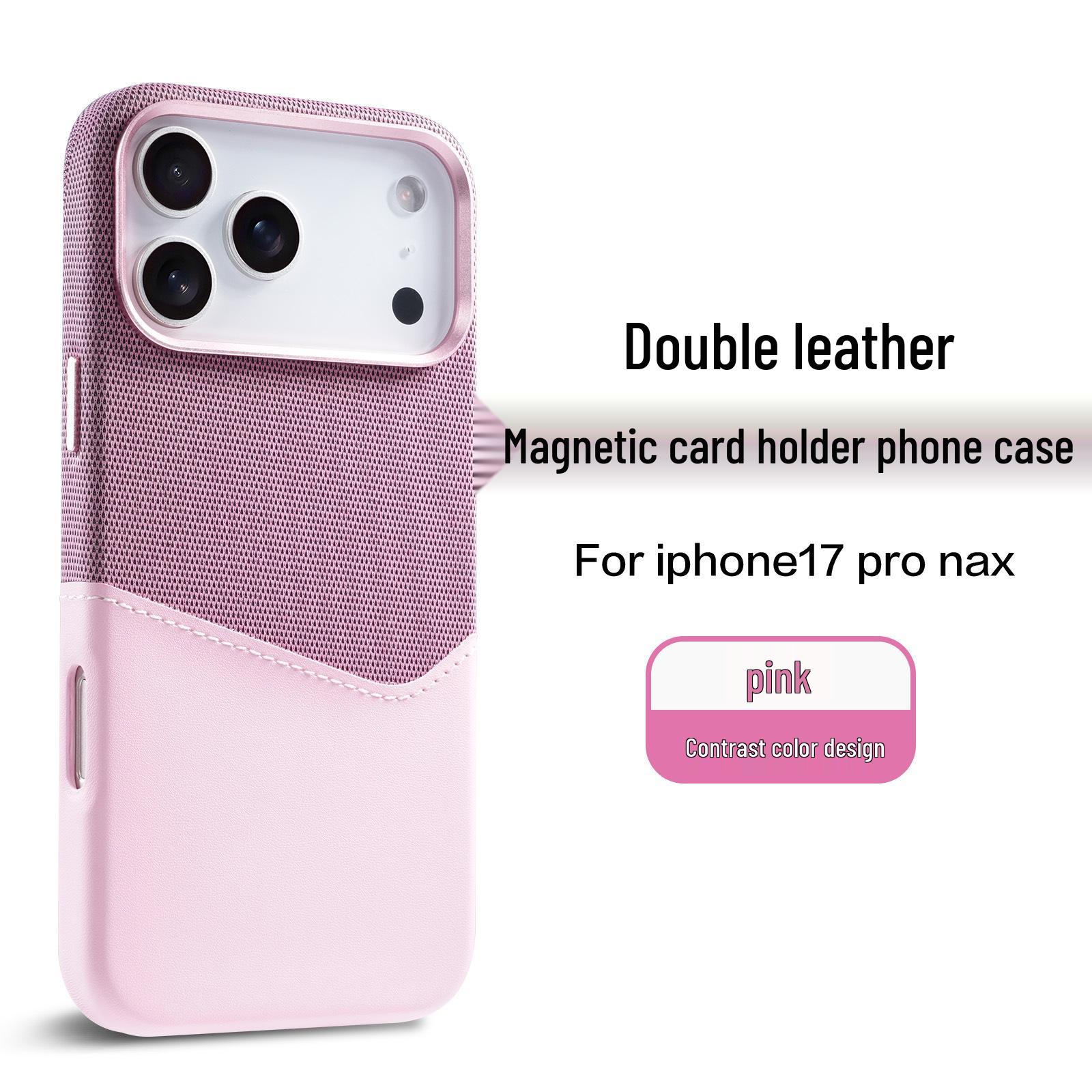 

Dual-Color Fabric Texture Leather iPhone 17 Case with Card Slot & Magnetic Absorption - Business Hard Protective Design 15 рожевий
