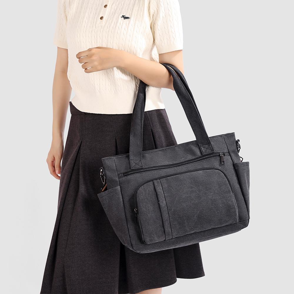 Bolsa Tote de Lona Color Sólida com Múltiplos Bolsos de Grande Capacidade Bolsa de Ombro Feminina Vintage para o Dia a Dia Bolsa Transversal