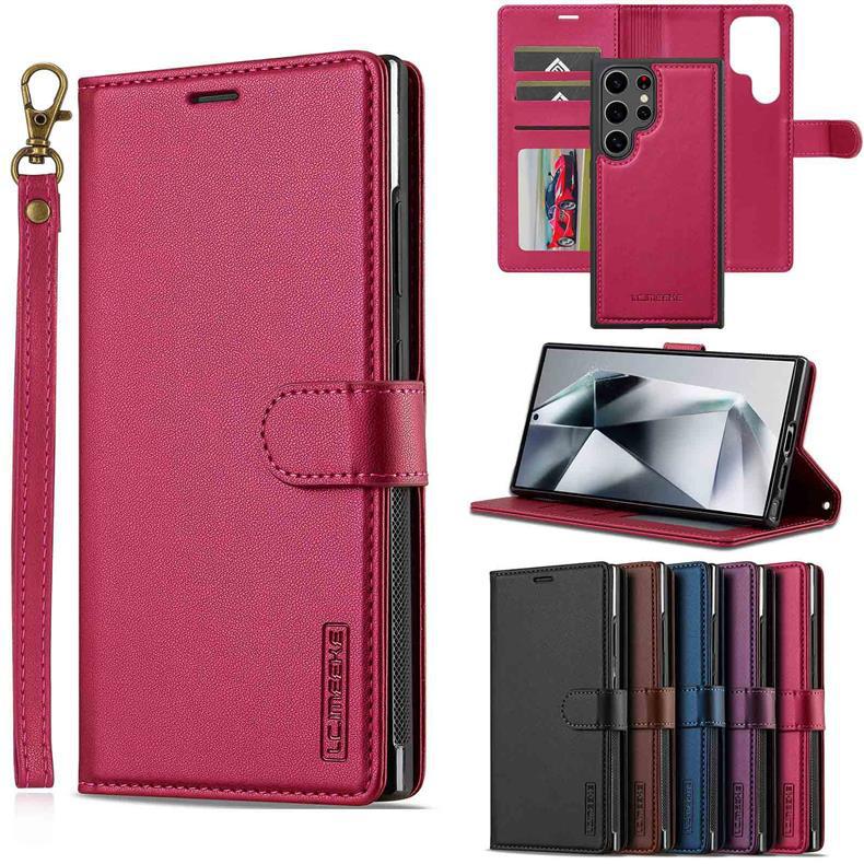 2-in-1 Magnetic Detachable Case for Samsung S25 Ultra, A17 Flip Cover with Card Slot and Lanyard, Leather Case A5655