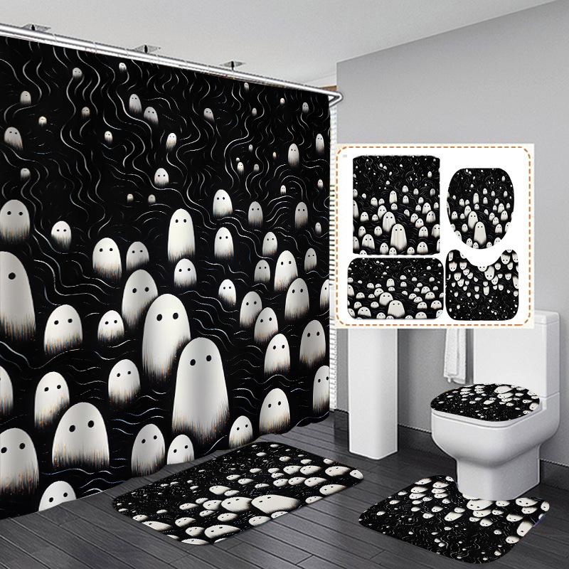 4Pcs Halloween Ghost Pumpkin Shower Curtain Set with Non-Slip Bath Mat, Toilet Lid Cover, Contour Rug & 12 Hooks, Bathroom Decor